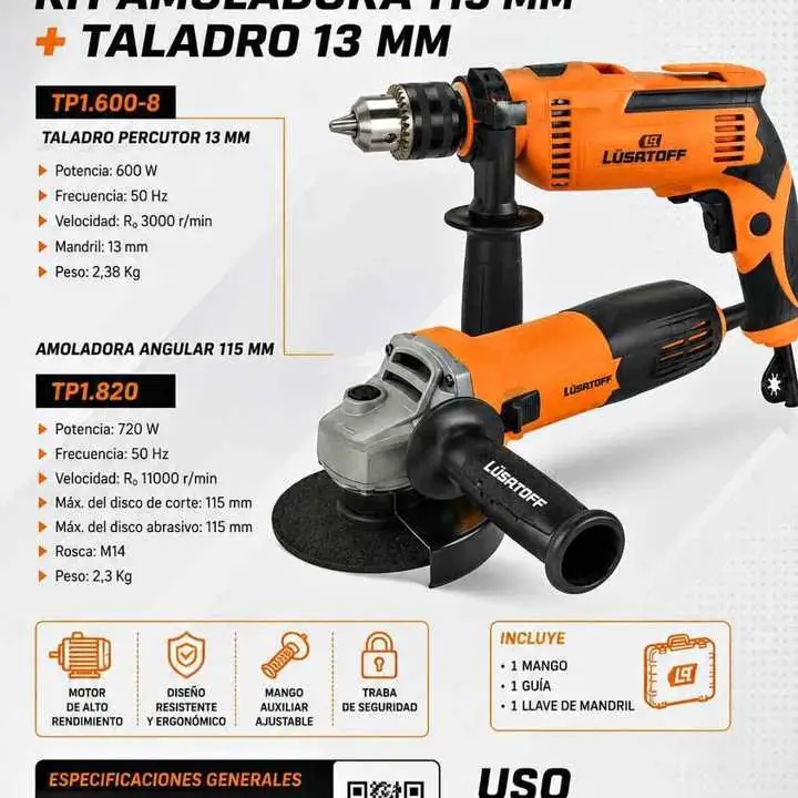 Kit taladro + amoladora lusqtoff electrico $89,999 merlo pontevedra envios a la zona , nuevo