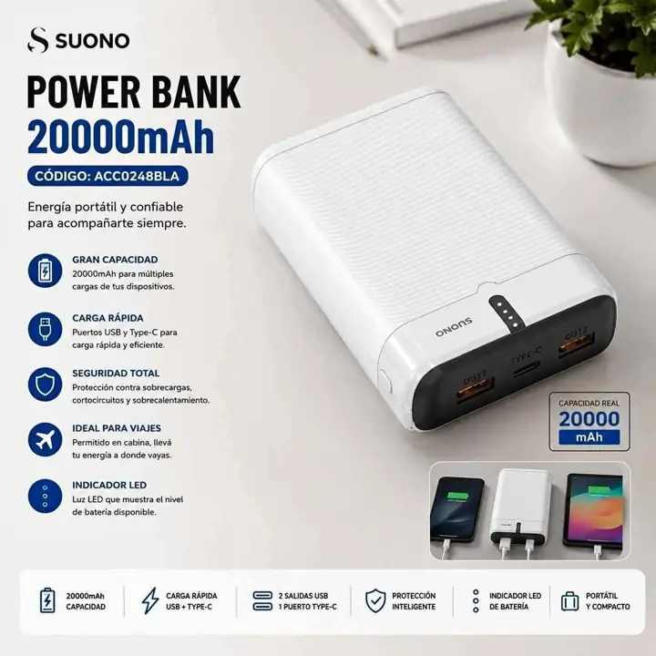 Cargador power bank 20000MAH blanco
