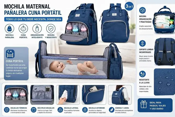 Mochila maternal tipo cuna cambiador azul