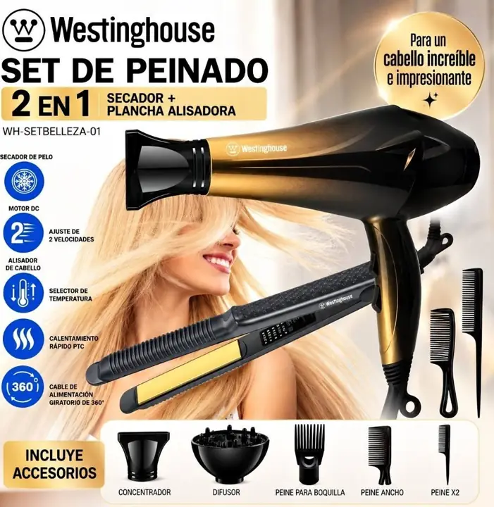 Set de belleza secador + planchita Westinghouse