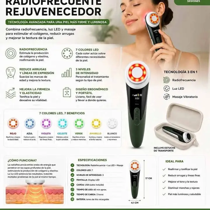 Cepillo facial radiofrecuene rejuvenecedor LED