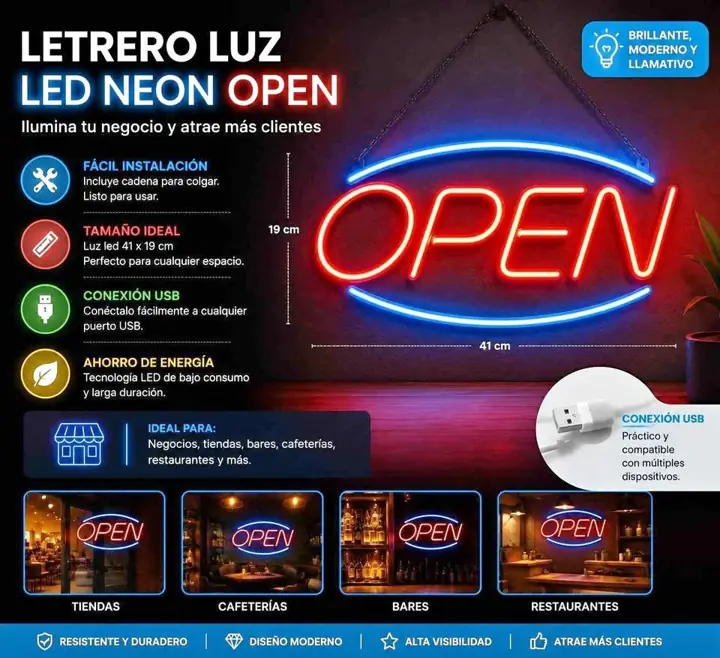 Letrero luz neon open