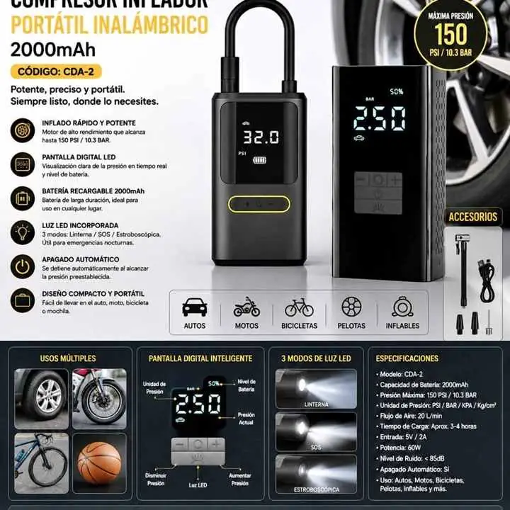 Inflador Inalambrico 2000mAh