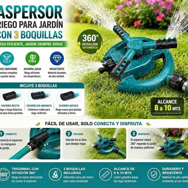Aspersor riego para jardin con 3 boquillas