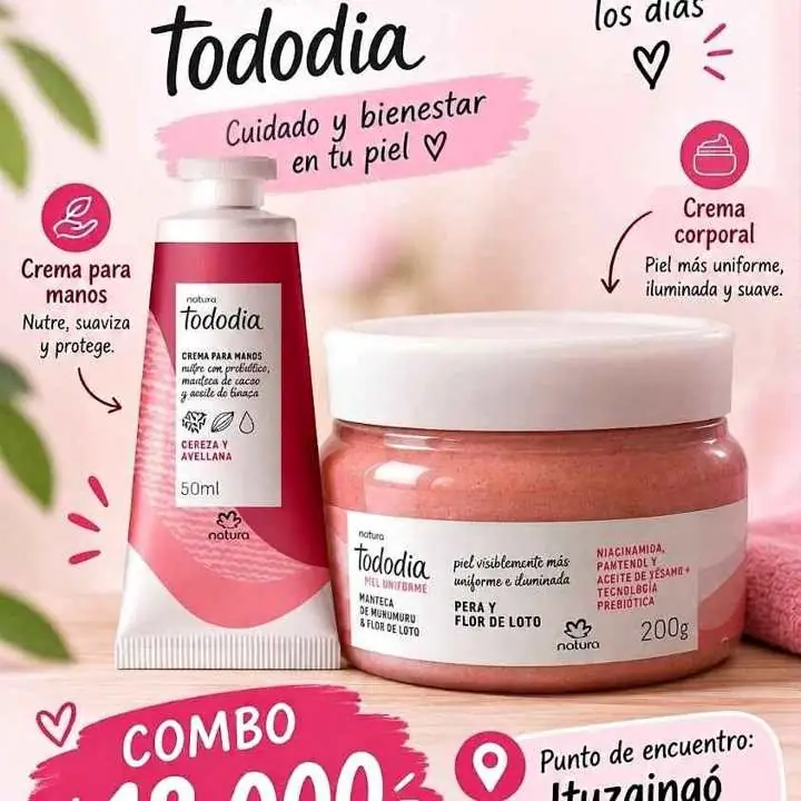 Combo Natura tododia crema de mano cereza y avellana y crema corporal unificadora de tono