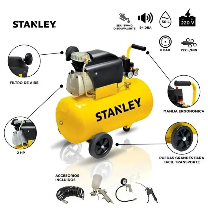 Compresor de Aire Stanley 50 Lts 2 Hp + Kit 4 piezas