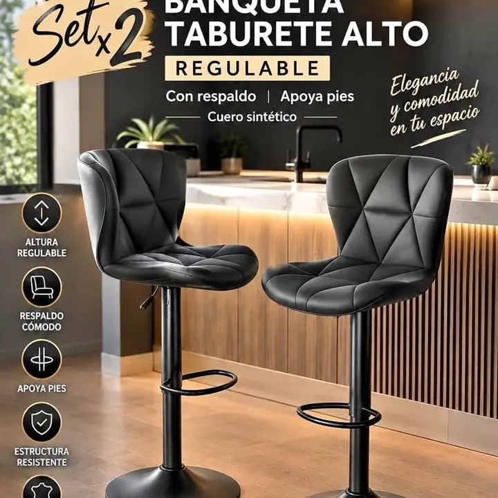 Set X2 Banqueta Taburete Alto Regulable con Resplado Apoya Pies Cuero Sintetico para Hogar Bares