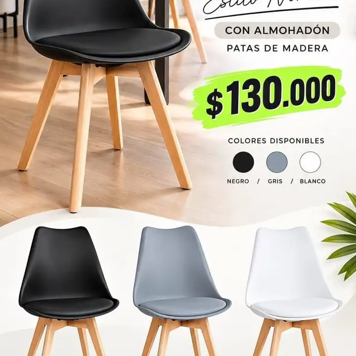 Set X4 Silla Tulip para Comedor con Almohadon Estilo Nordico Patas de Madera Color Blanco, negro y G