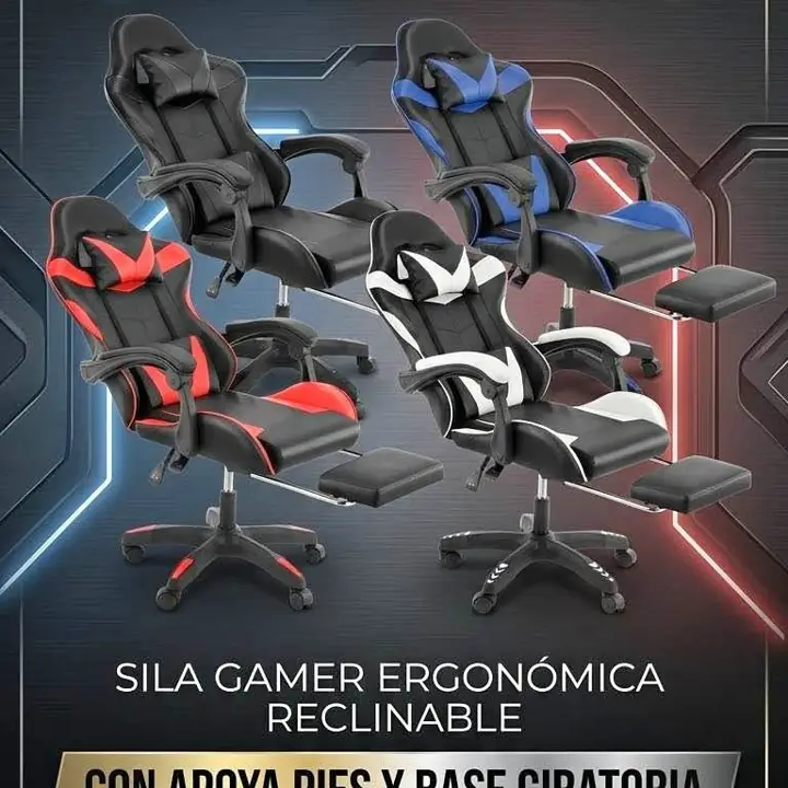 Silla Gamer Ergonomica Reclinable con Apoya Pies Base Giratoria de Cuero Sintetico