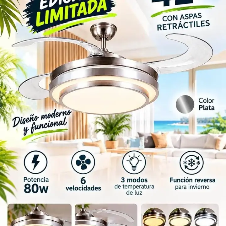 Ventilador de techo 42" con aspas retráctiles Potencia: 80w 6 velocidades 3 modos de temperatura