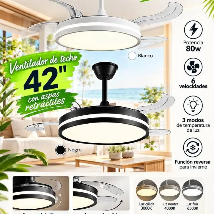 Ventilador de techo 42" con aspas retráctiles Potencia: 80w 6 velocidades 3 modos de temperatura