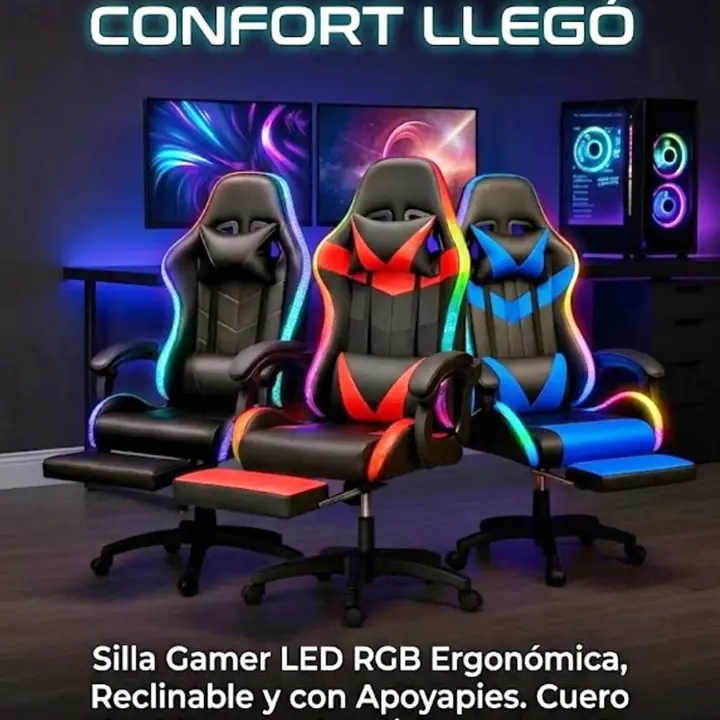 Silla Gamer con Luces Led Ergonomica Reclinable con Apoya Pies Base Giratoria de Cuero Sintetico