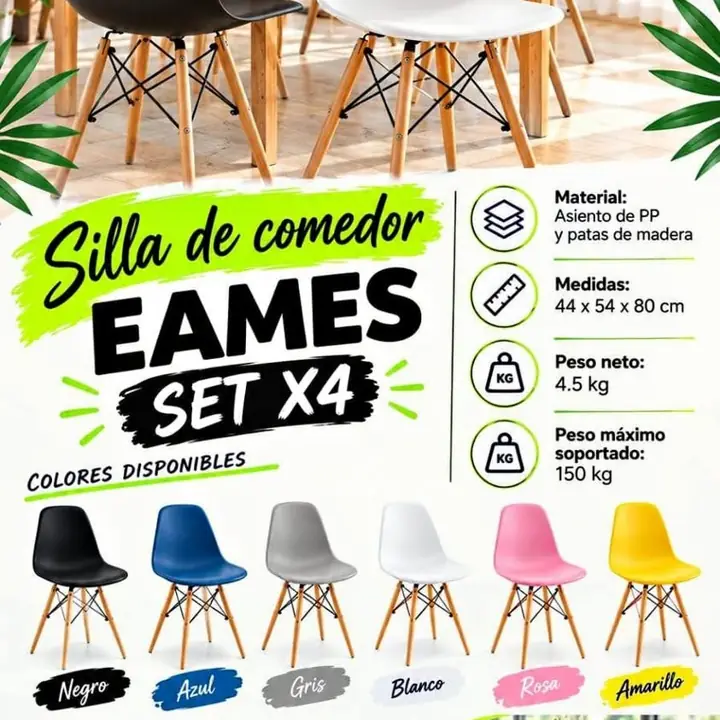 Set X4 Silla Eames para Comedor Patas de Madera / Hierro Estilo Moderno VS Colores 150kg soporta