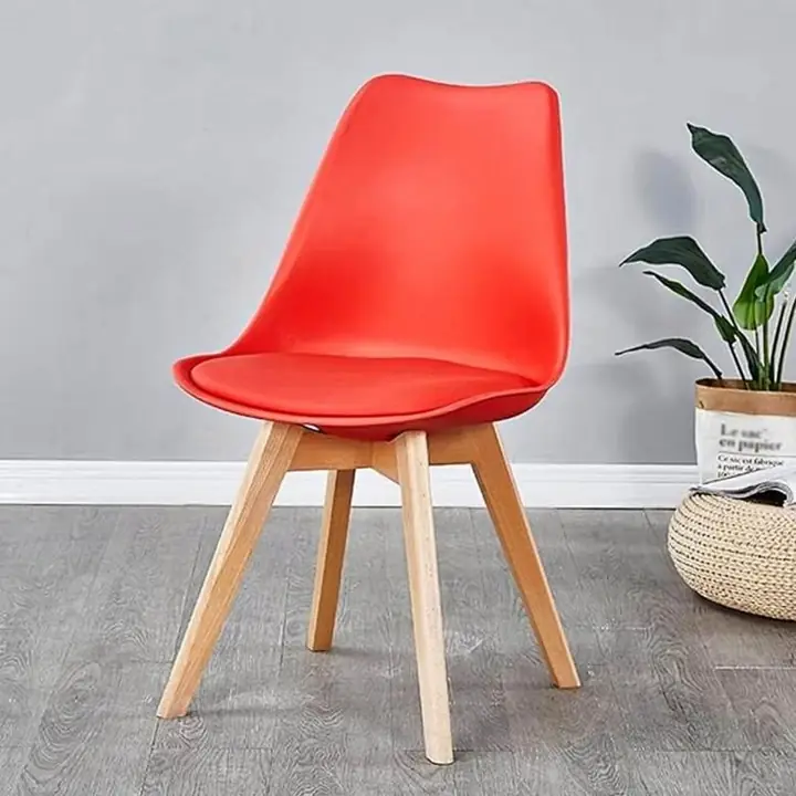 Silla Tulip para Comedor con Almohadon Estilo Nordico Patas de Madera Color Rojo Carmesi v