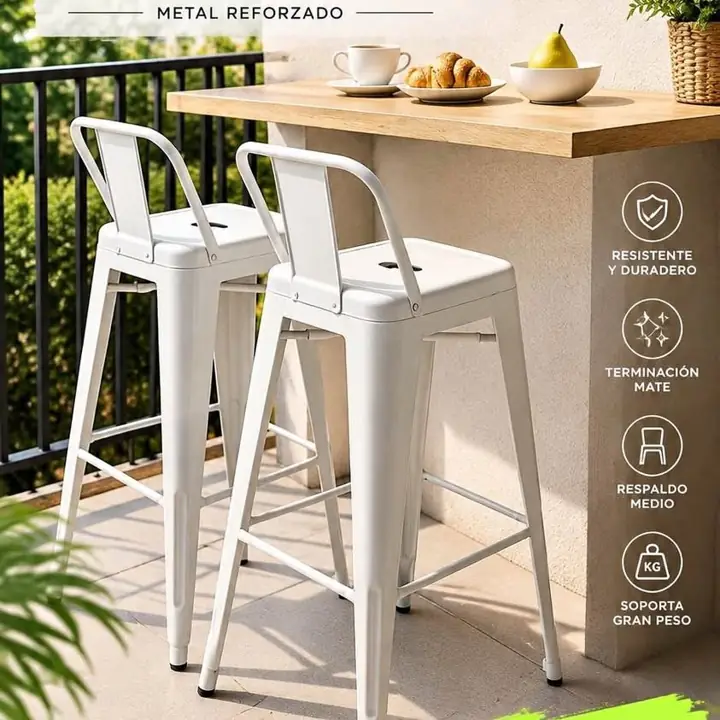 Set X2 Banqueta Taburete Tolix con Respaldo Medio Metal Reforzado Color Blanco Mate y en Negro