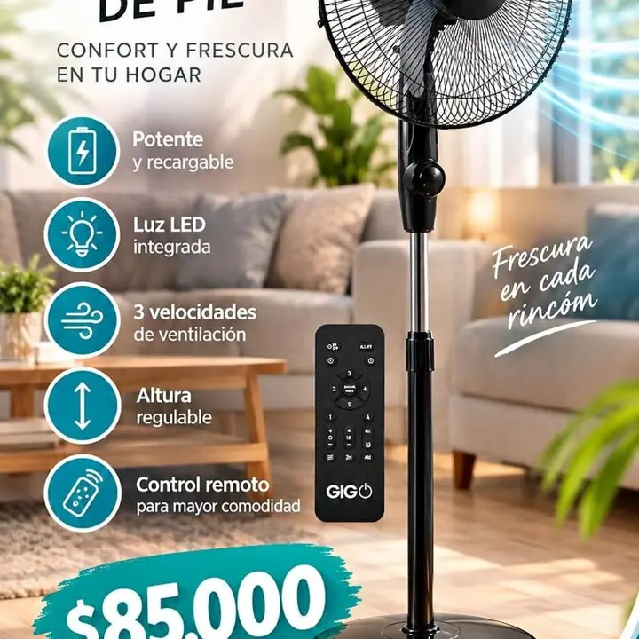 Ventilador de Pie con batería recargable GIGO 16" Potencia: 15w 3 Velocidades Hasta 10h de autonomía