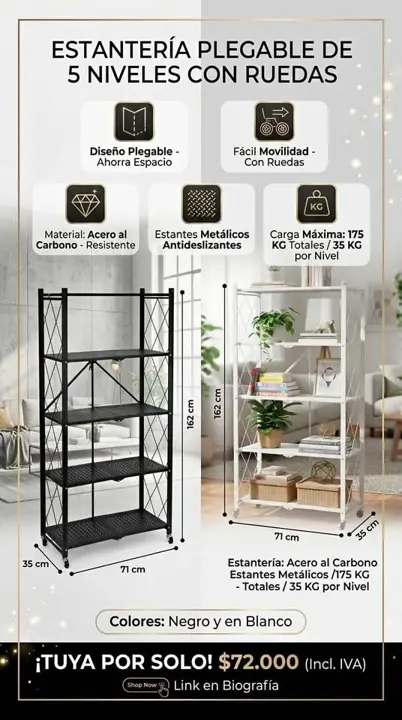 Estantería Plegable 5 Niveles 175kg soporta Móvil con Ruedas 70x35x162