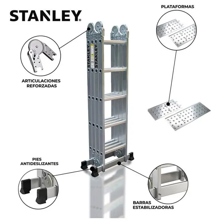 Escalera Stanley Articulada 20 Escalones 4x5 + Plataforma también tenemos 4x3, 4x4 y Dialectricas