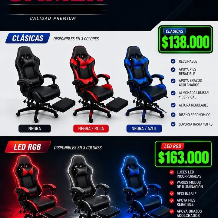 Silla Gamer Clásica y Silla Gamer con Luces Led Ergonomica Reclinable con Apoya Pies