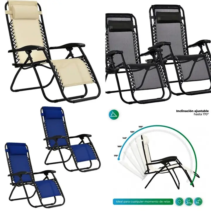 COMBO X 2 UNIDADES Reposeras Plegables Gravedad Cero con Apoya Vasos Colores Negro, Azul, Beige