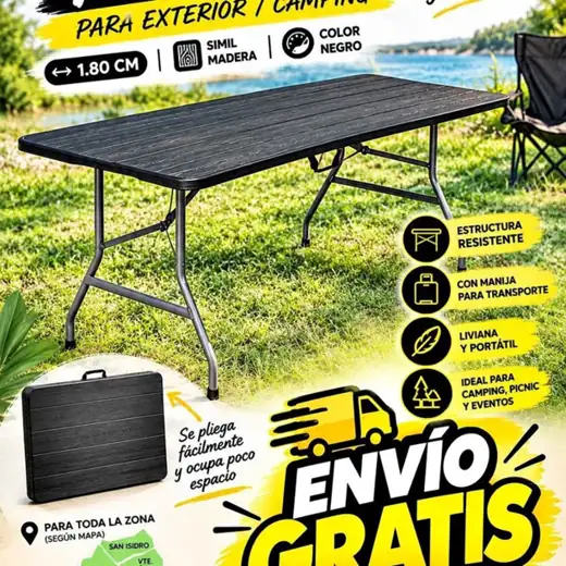 Mesa Plegable Portatil con Manija para Exterior Camping 1.80cm Simil Madera Color Negro envío gratis
