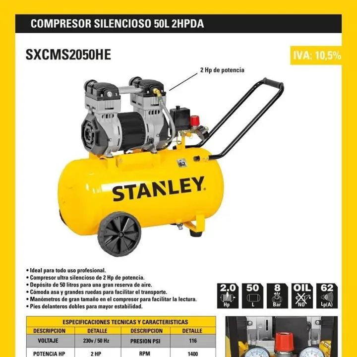Compresor de Aire Stanley Silencioso 50 Lts 2 Hp