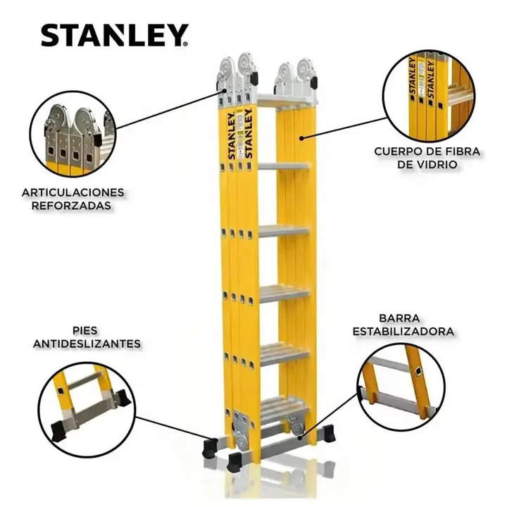 Escalera Articulada Dielectrica Stanley 24 Escalones 4x6 Color Amarillo 150 Kg