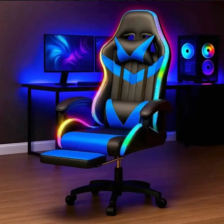 Silla Gamer con Luces Led Ergonomica Reclinable con Apoya Pies Base Giratoria de Cuero Sintetico