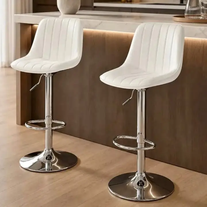 Set X2 Banqueta Taburete Barra Desayunador Alto Regulable con Respaldo Cuero Sintetico Color Blanco