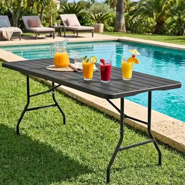 Mesa Plegable Portatil con Manija para Exterior / Camping 1.80cm Simil Madera Color Negro