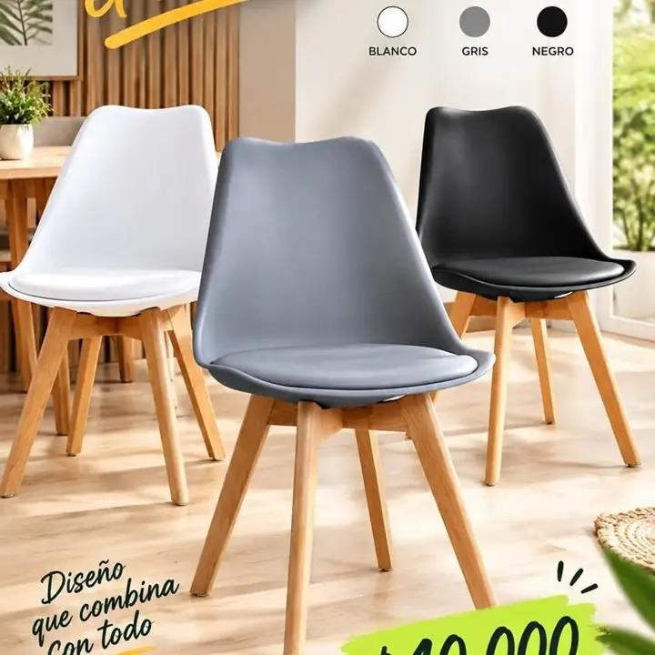 Silla Tulip para Comedor con Almohadon Estilo Nordico Patas de Madera Color Blanco, Gris y en Negro