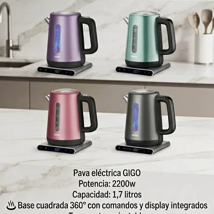 Pava eléctrica GIGO - Potencia: 2200w - Capacidad: 1,7 litros Base cuadrada 360°