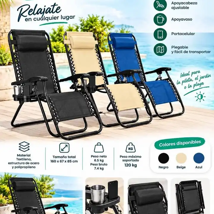 Set por 2 Reposera plegable Gravedad Cero con apoyavaso + portacelular Material: Textileno, 120kg