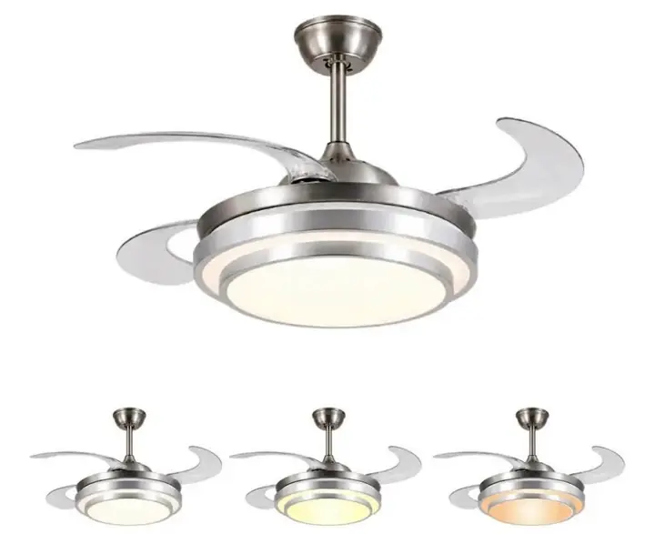 Ventilador Retractil de Techo Plateado Luz Led 3 Tonos 4 Aspas 6 Velocidades con Control Remoto