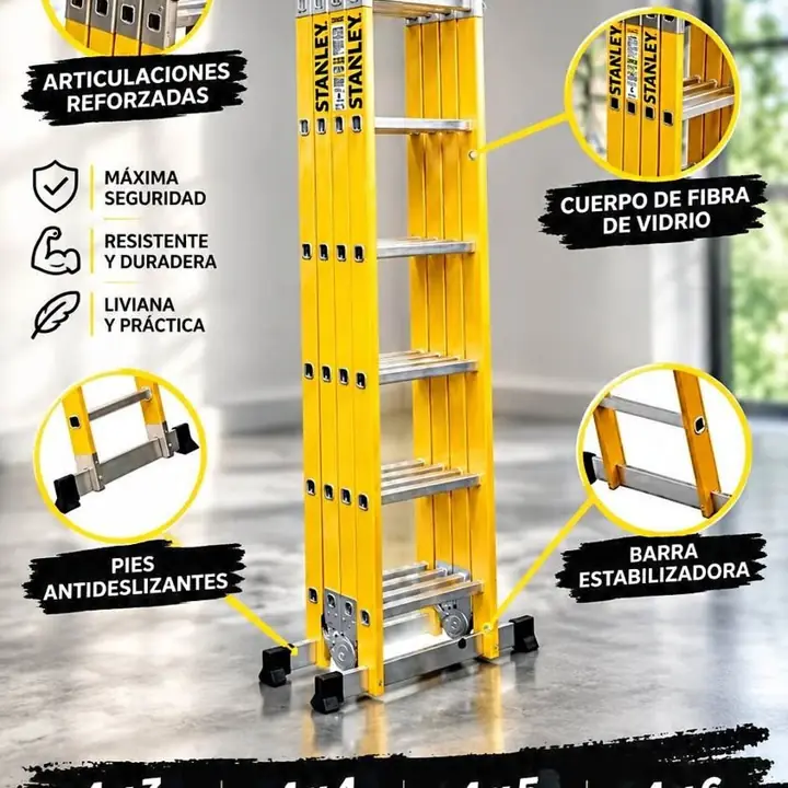 Escaleras articuladas Stanley aluminio y dialectricas, linea outlet súper precios!