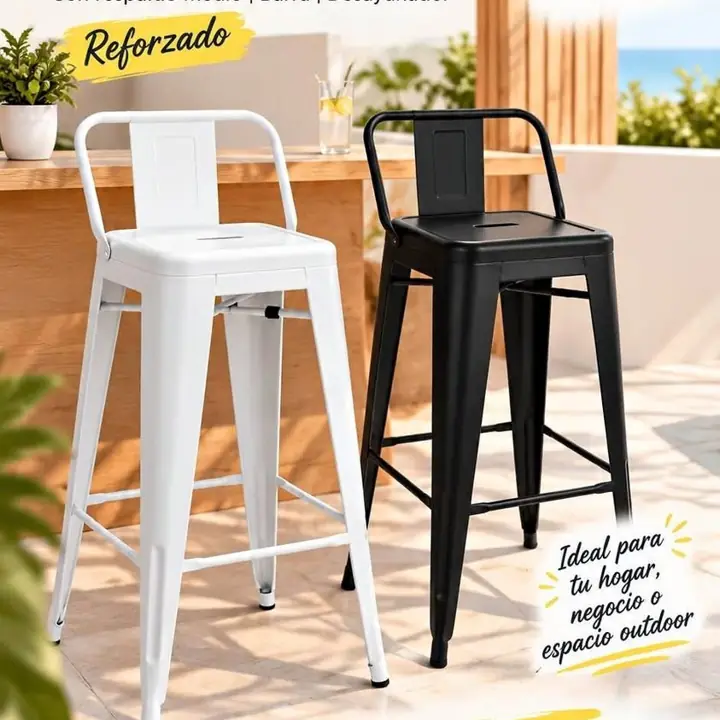 Banqueta Taburete Tolix con Respaldo Medio Metal Reforzado Color Negro Mate