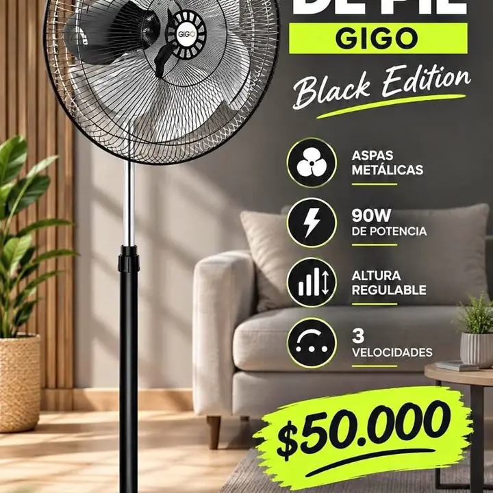 Ventilador de Pie Gigo 18" Black Edition Aspas Metalicas 90w Altura Regulable 3 Velocidades !