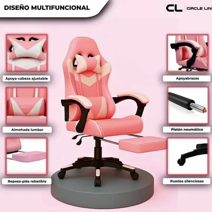 Silla Gamer Ergonomica Reclinable con Apoya Pies Base Giratoria de Cuero Sintetico Colores!