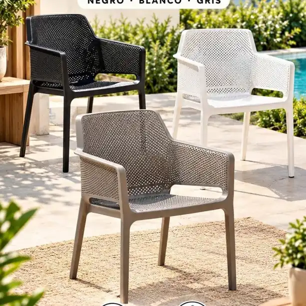 Silla Sillon Plastica Apilable Reforzada de Jardin para Exterior 140kg Color Negro, Blanco, Gris