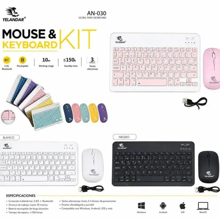 Teclado + mouse inalam. (blanco, verde, violeta, negro)