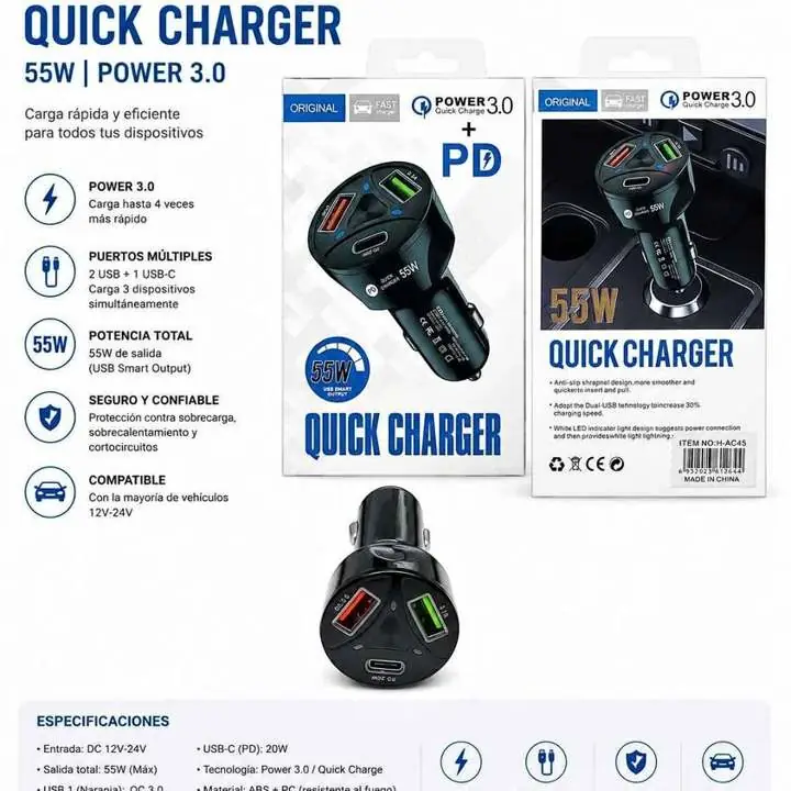 Cargador auto 12V 2 USB + TC rapido