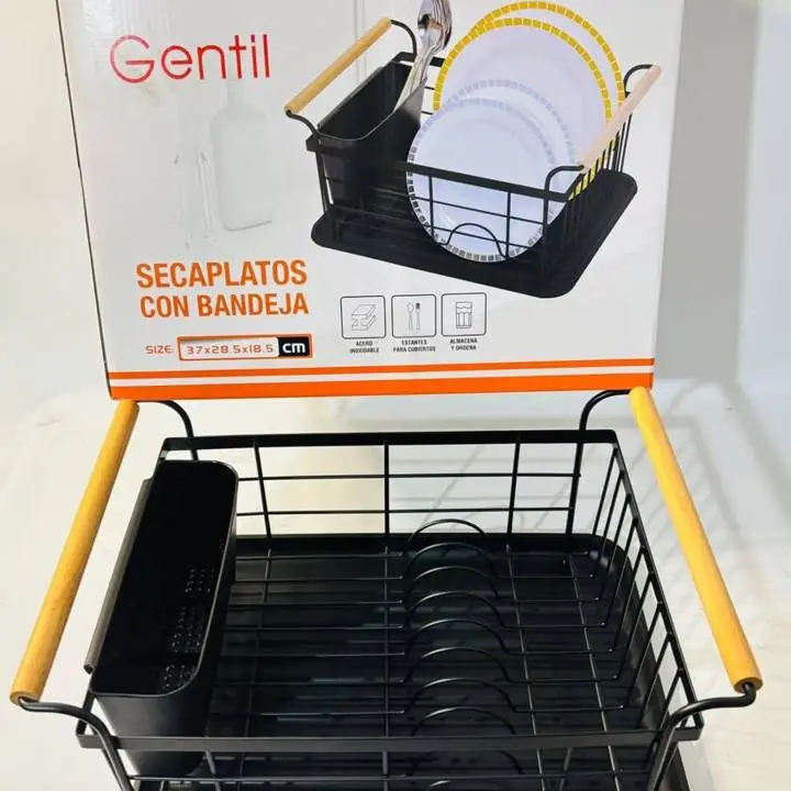 Secaplatos bandeja metal mango madera