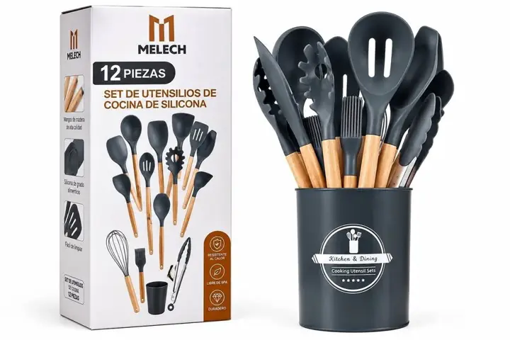 Set de Utensilios de Cocina Silicona 12 Piezas Gris Mangos Madera con Soporte