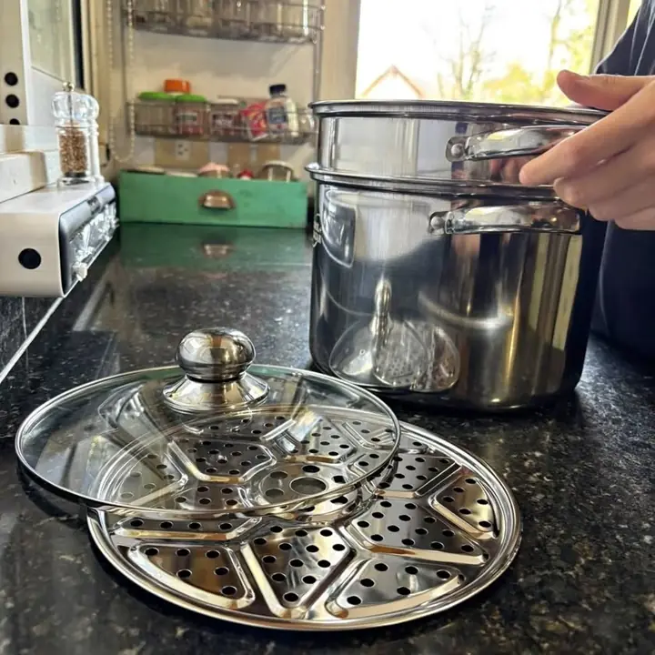 Olla alta con colador y vaporera acero inoxidable