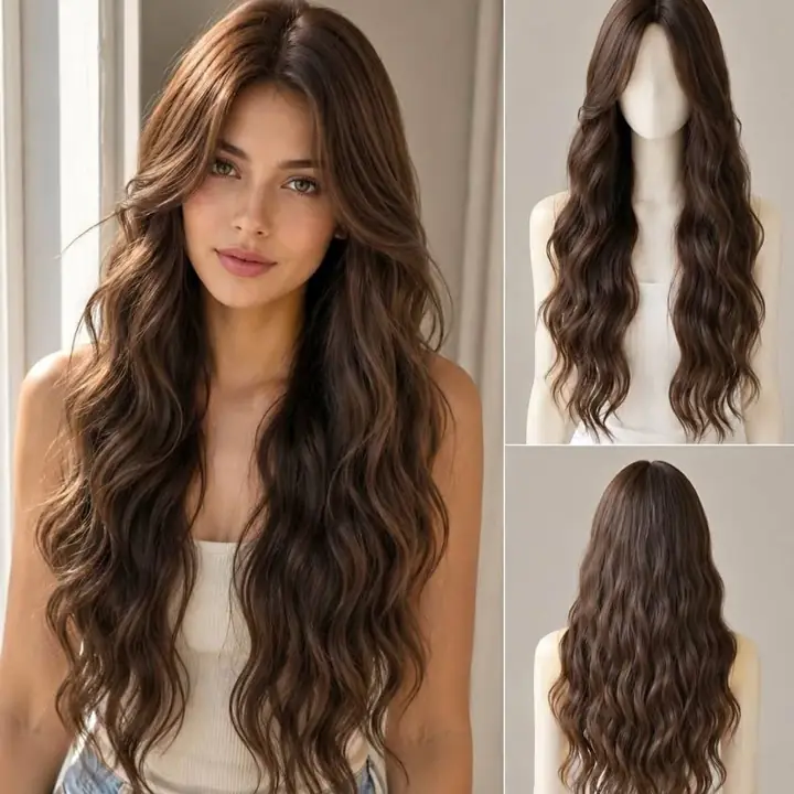 Peluca castaño oscuro con onda natural 70 cm + red para cabello