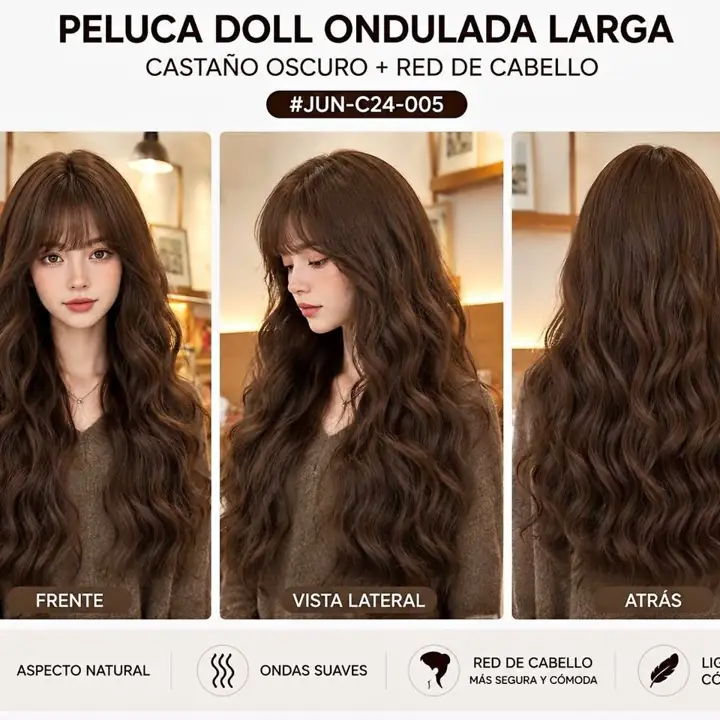 Peluca Ondas Naturales 70 cm - Castaño Oscuro + Red de colocación