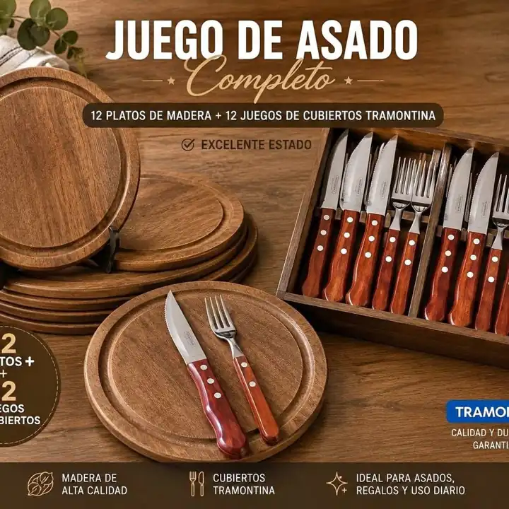12 Cubiertos Tramontina + 12 platos de madera para Asado