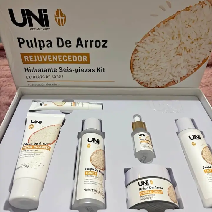 Kit pulpa de arroz · uni cosmetics 6 piezas · rutina facial