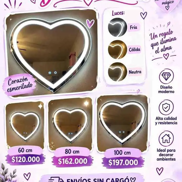 Espejos corazón led esmerilado en oferta