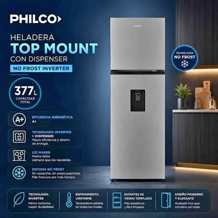 Heladera No Frost Philco Top Mount Inverter con Dispenser NPHNT324XDI 324L Inox